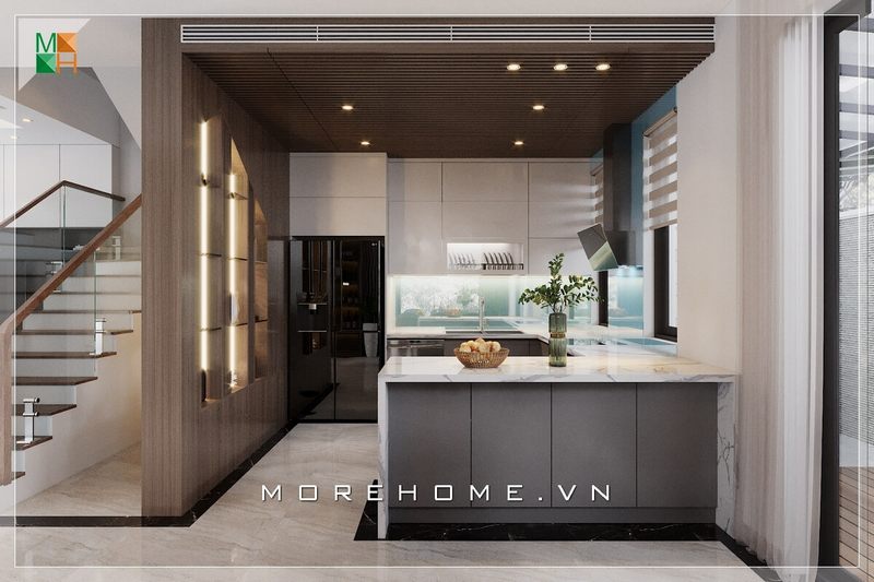 Kính ốp bếp làm không gian càng thêm hiện đại và sạch sẽ hơn.